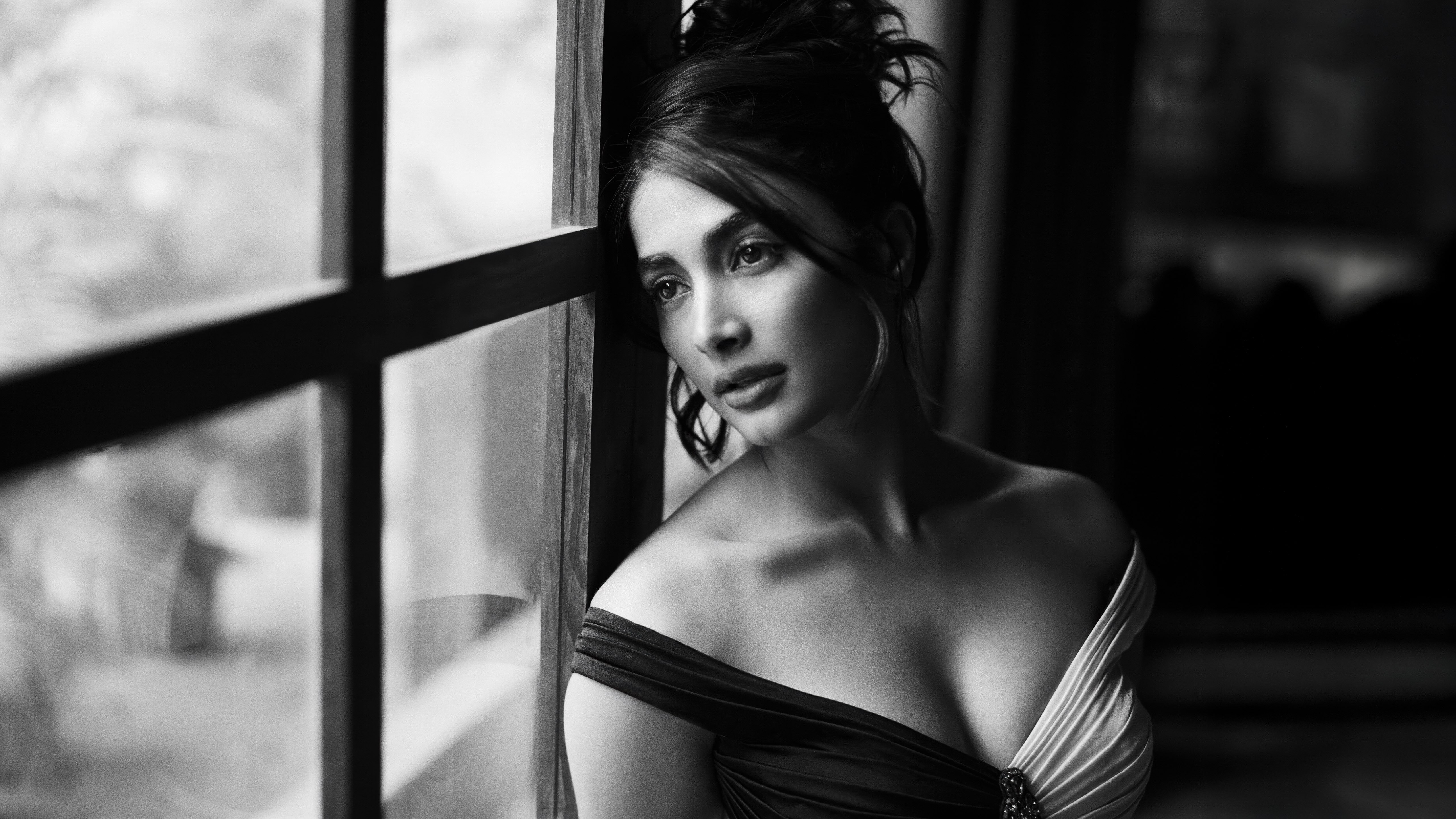 Pooja Hegde, Blanco y negro, Actriz india, 5K, Monocromo