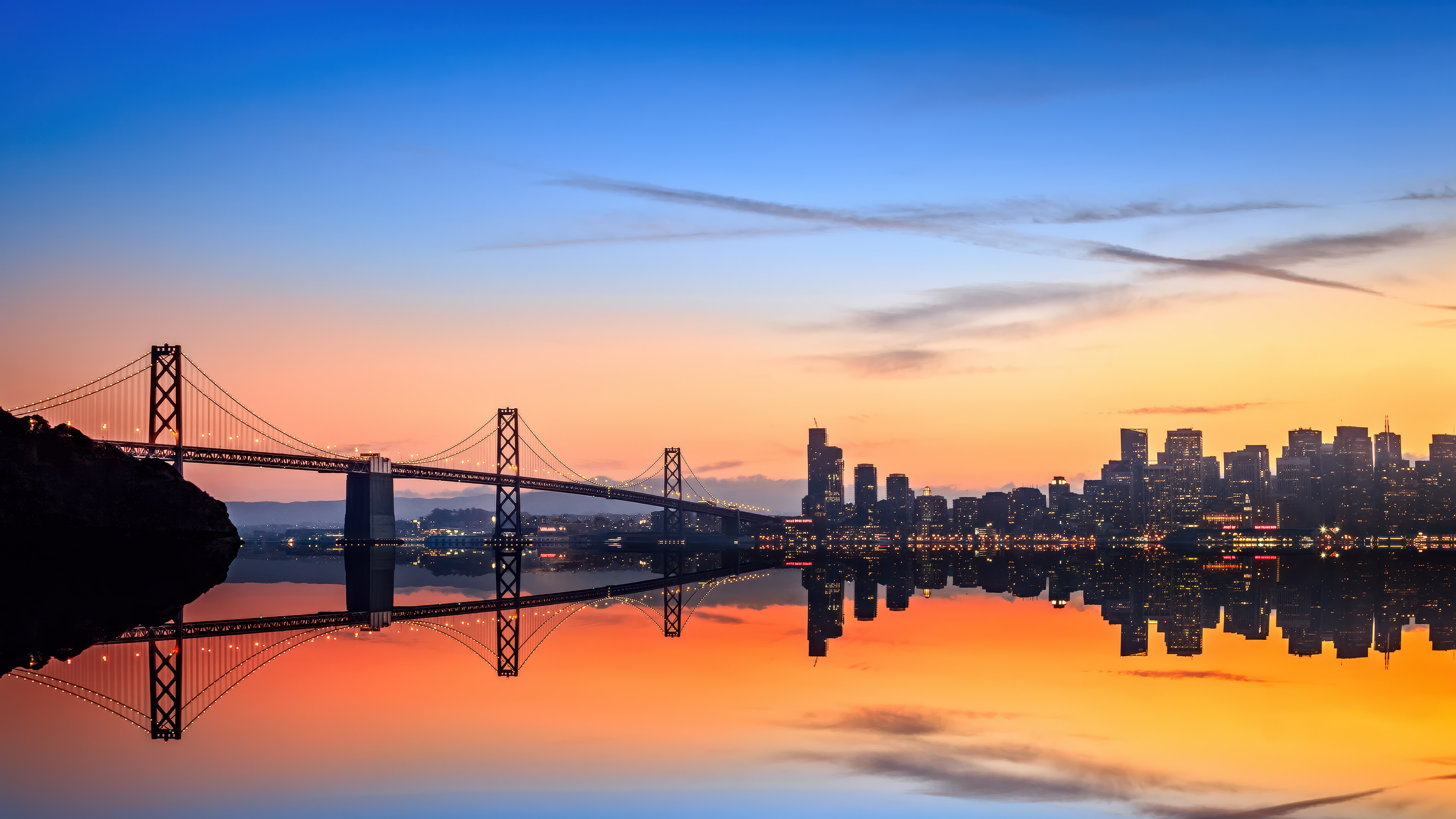 Puente de la Bahía de San Francisco-Oakland, 5K, Atardecer, Bay Bridge, Paisaje urbano, Reflejos, Hora dorada, Urbano, Skyline, Metrópolis, Urbano