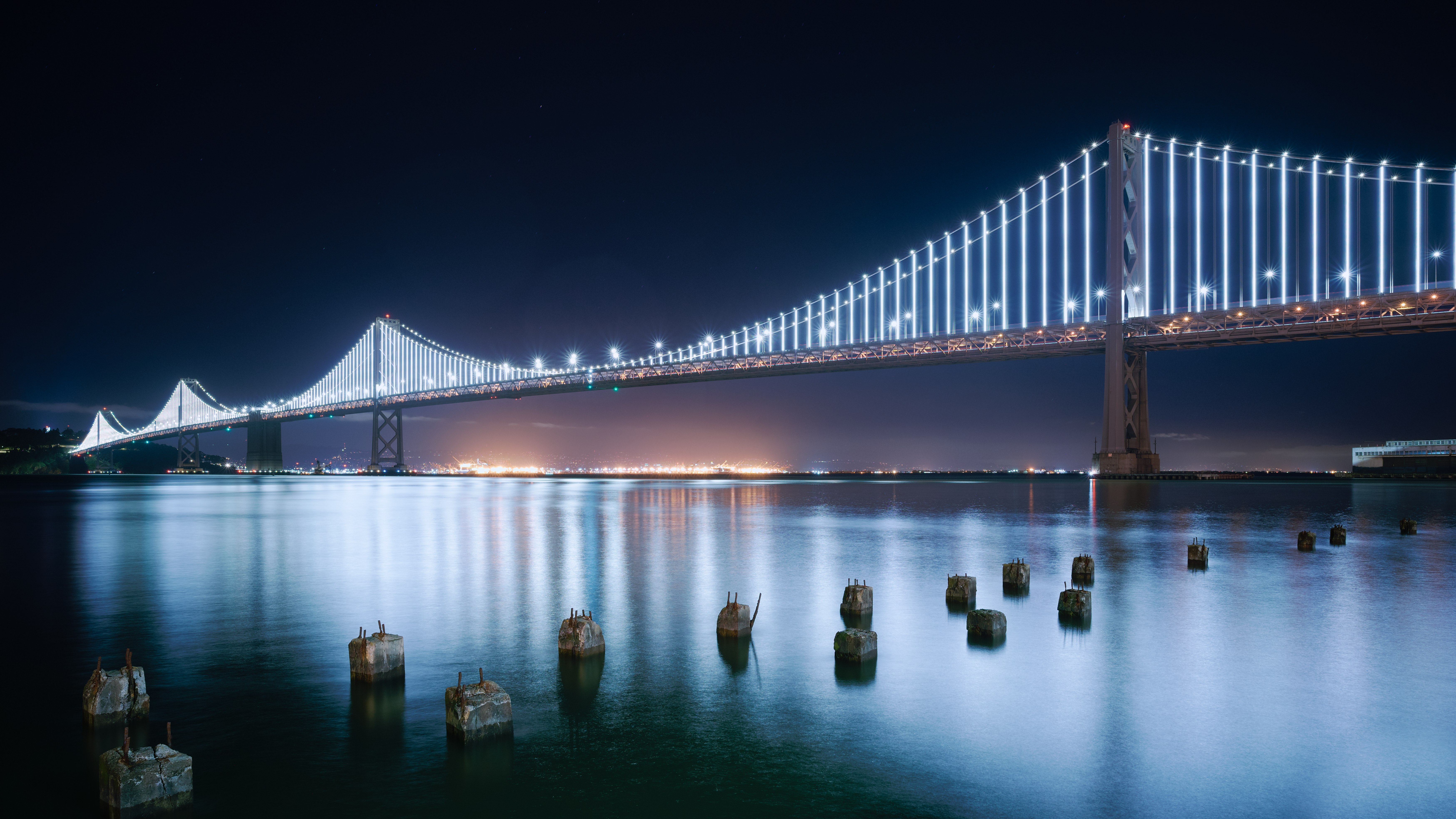 Puente de la Bahía de San Francisco-Oakland, Luces nocturnas, Reflejo, Moderno, 5K, 8K