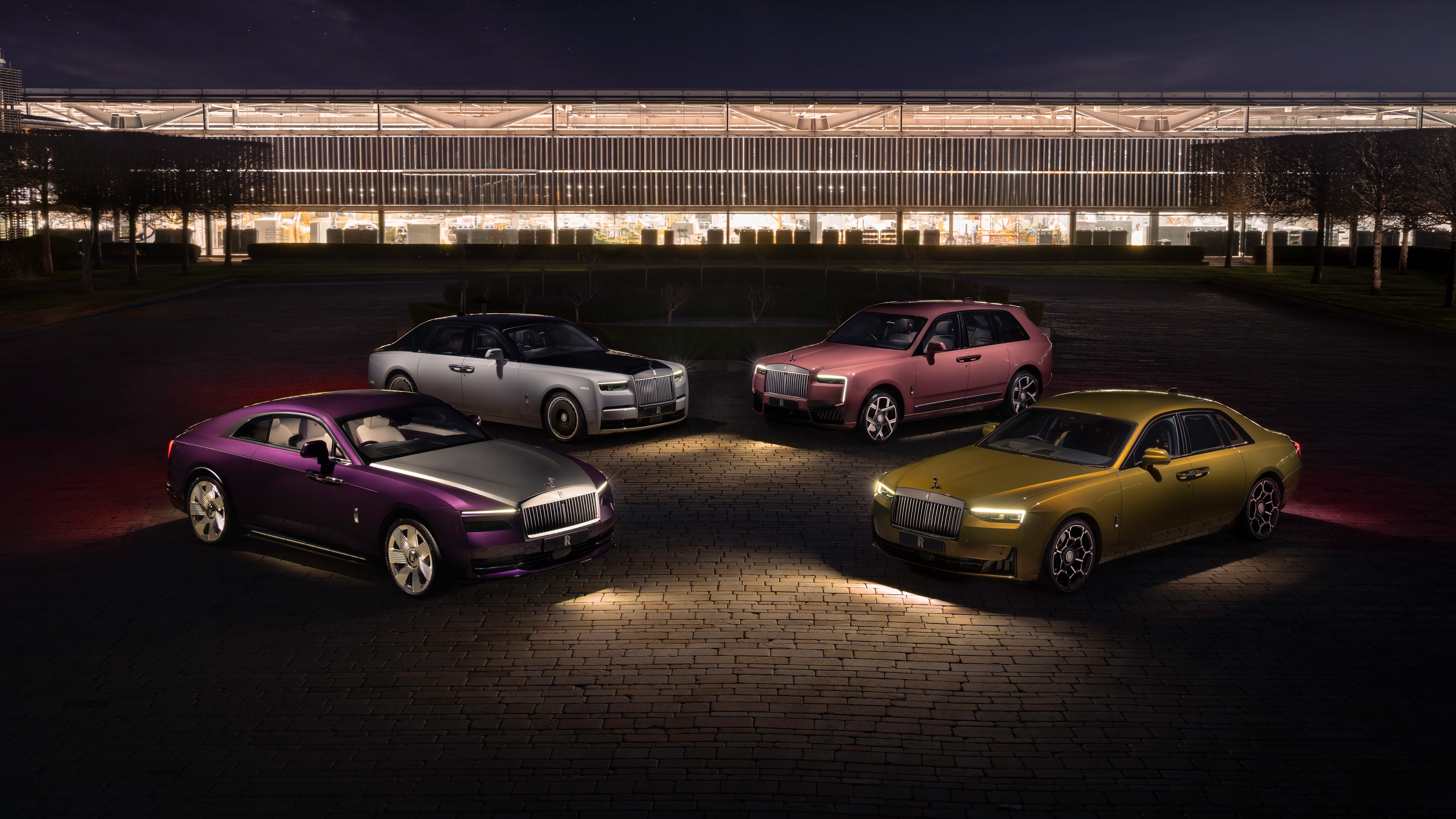 Rolls-Royce, Coches de lujo, Rolls-Royce Cullinan, Rolls-Royce Phantom, Rolls-Royce Spectre, Rolls-Royce Black Badge Ghost, 5K, 8K, Noche