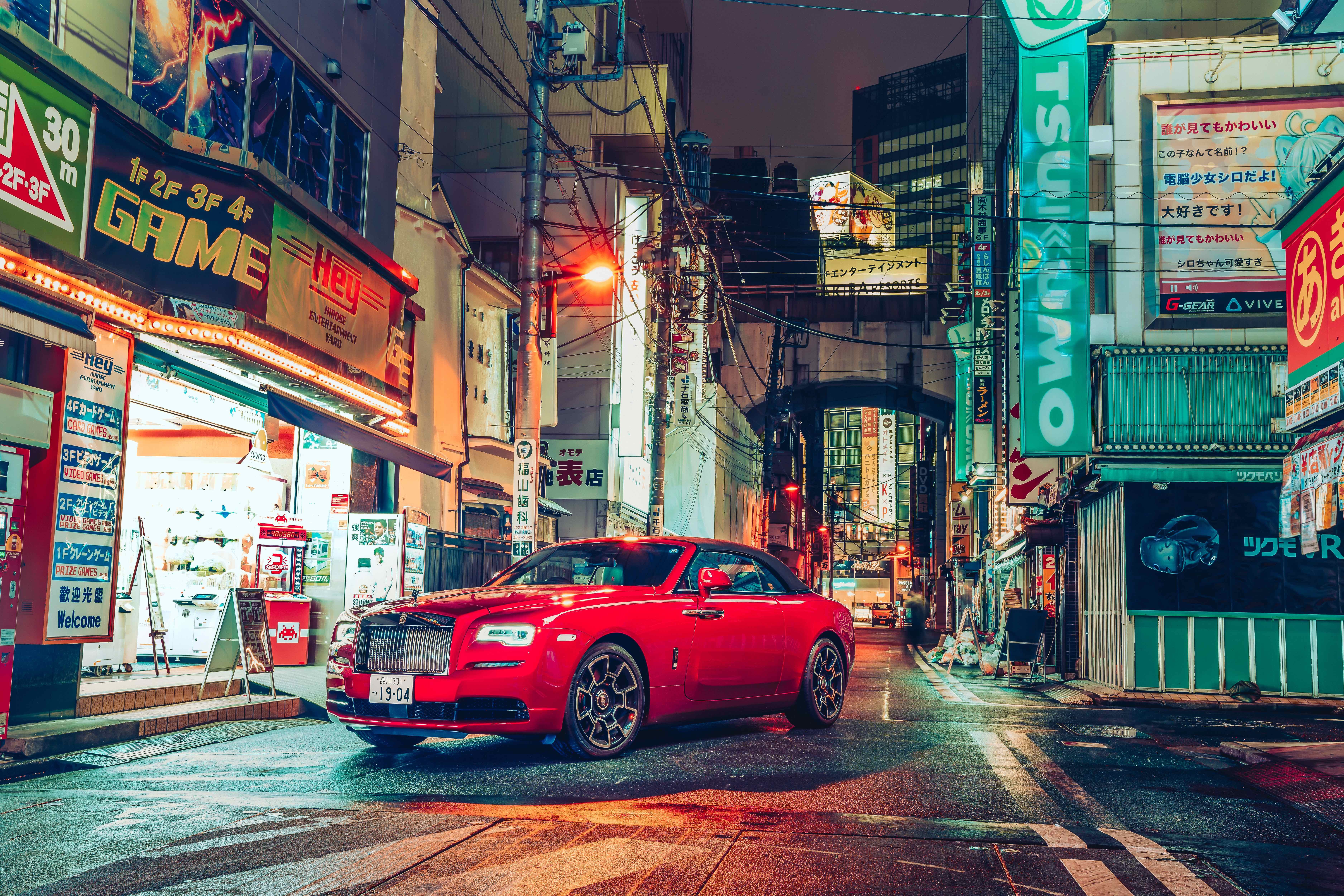Rolls-Royce Dawn Black Badge, Tokio, 2021, Paisaje urbano, Noche, Calles, Luces, 5K, 8K