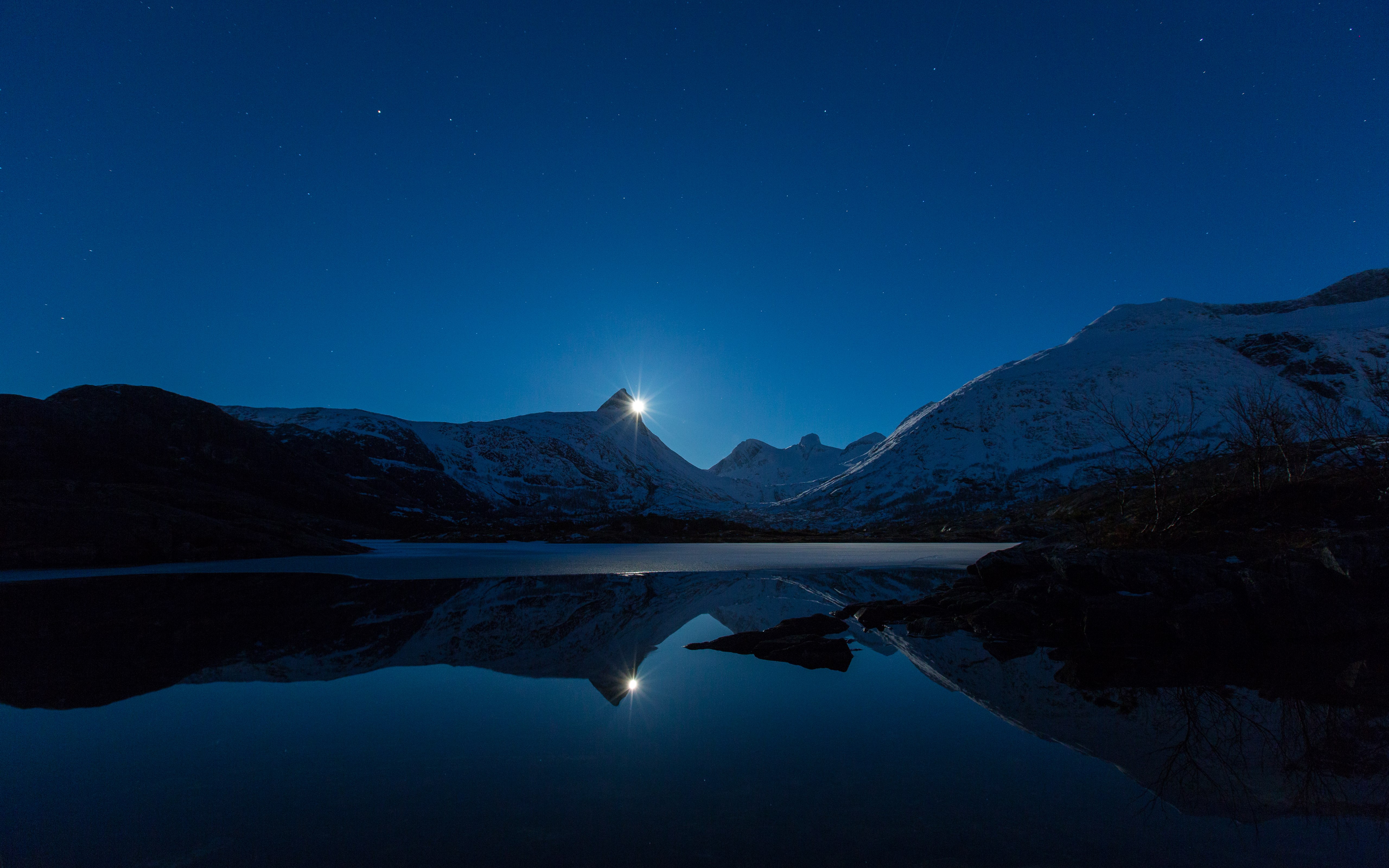 Salida de la luna, Cielo azul, Montañas, Cubierto de nieve, Lago, Paisaje, Reflejo, Noche, Crepúsculo, Larga exposición, 5K