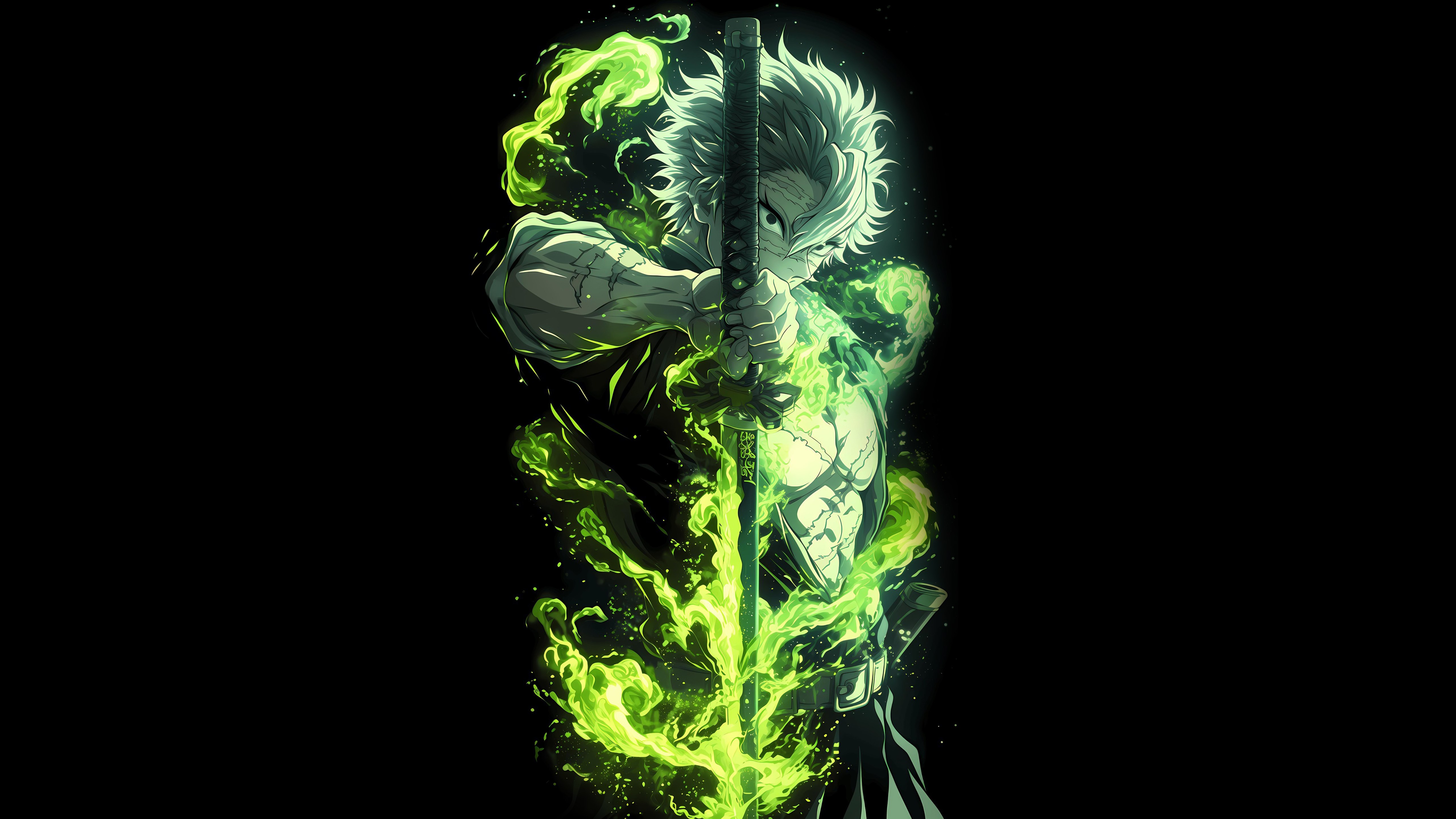 Sanemi Shinazugawa, AMOLED, Demon Slayer: Kimetsu no Yaiba, 5K, Fondo negro