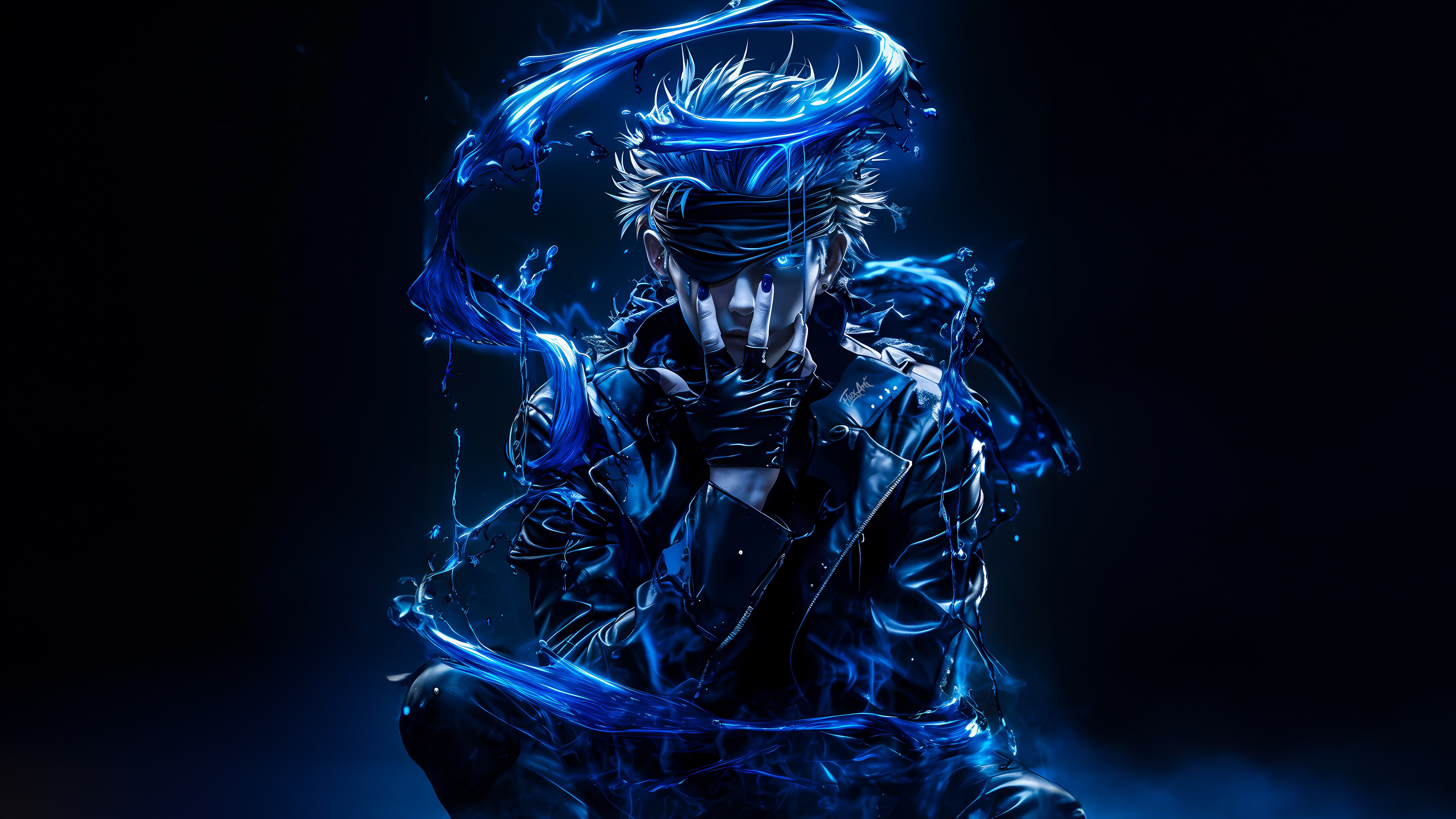 Satoru Gojo, Estética azul, Azul oscuro, Fondo oscuro, 5K, 8K, Jujutsu Kaisen