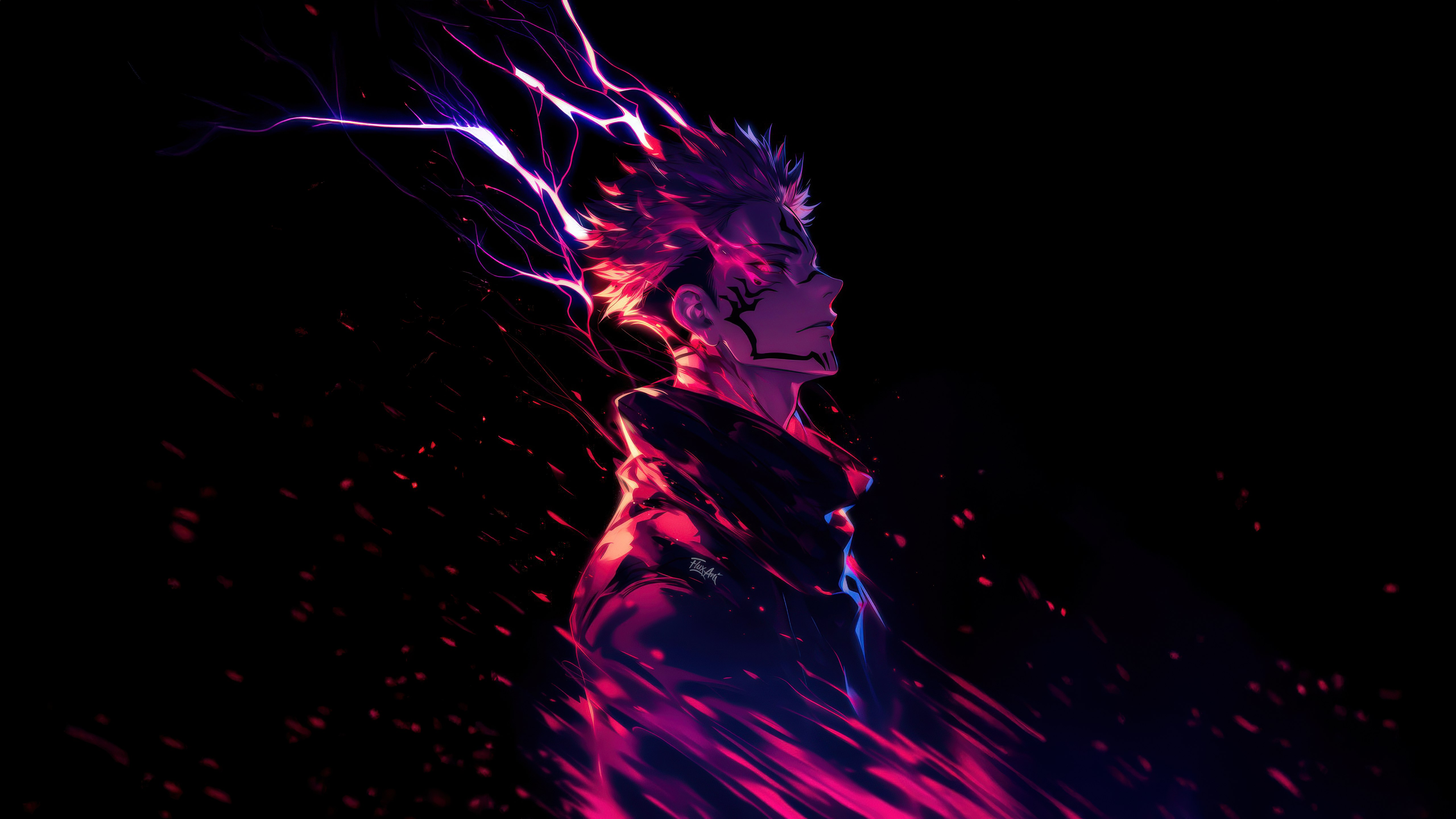 Sukuna, Eléctrico, Jujutsu Kaisen, Rosa neón, AMOLED, Fondo negro, Resplandor de neón