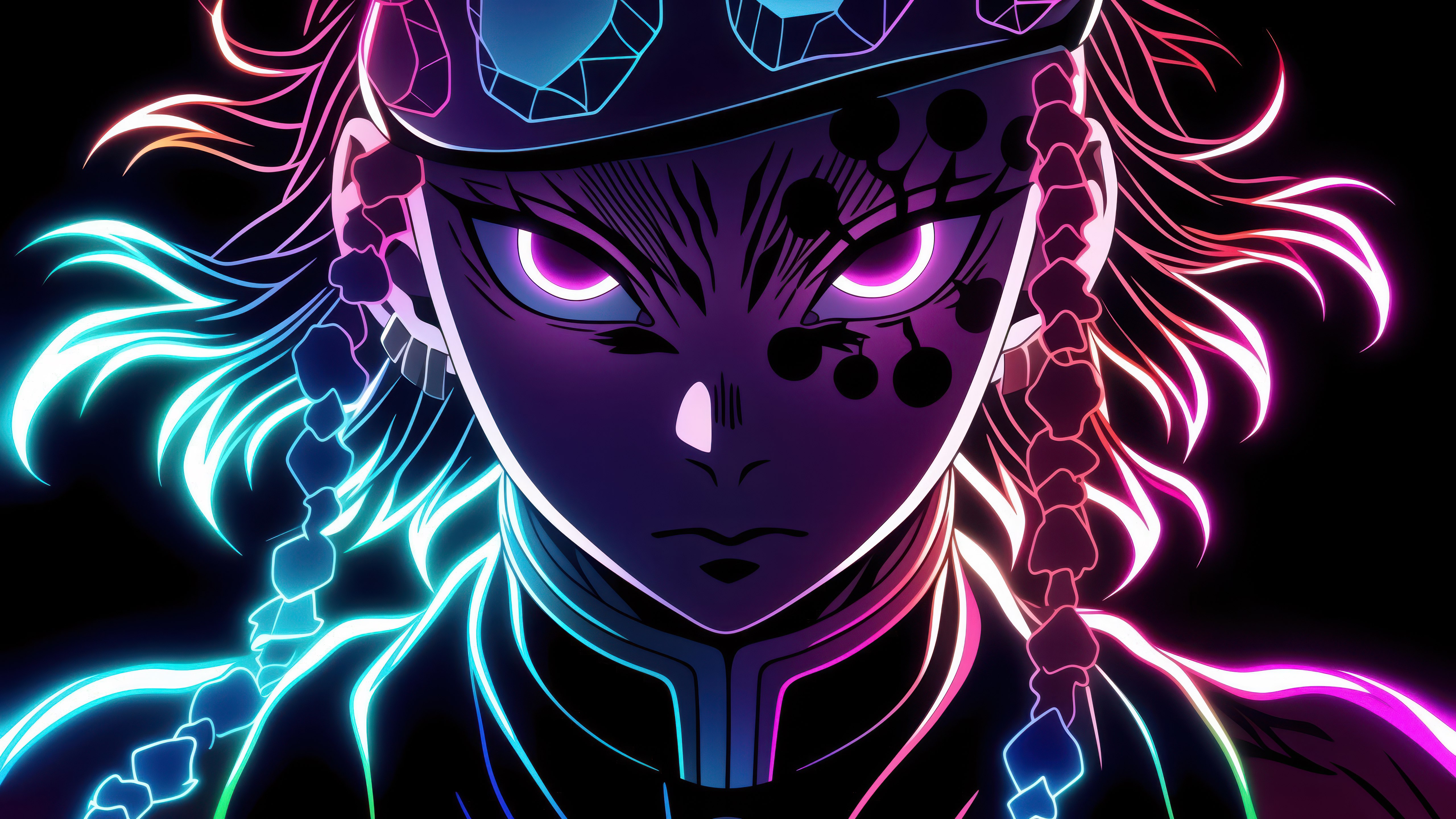 Tengen Uzui, Arte neón, Demon Slayer: Kimetsu no Yaiba, AMOLED, Fondo negro, 5K