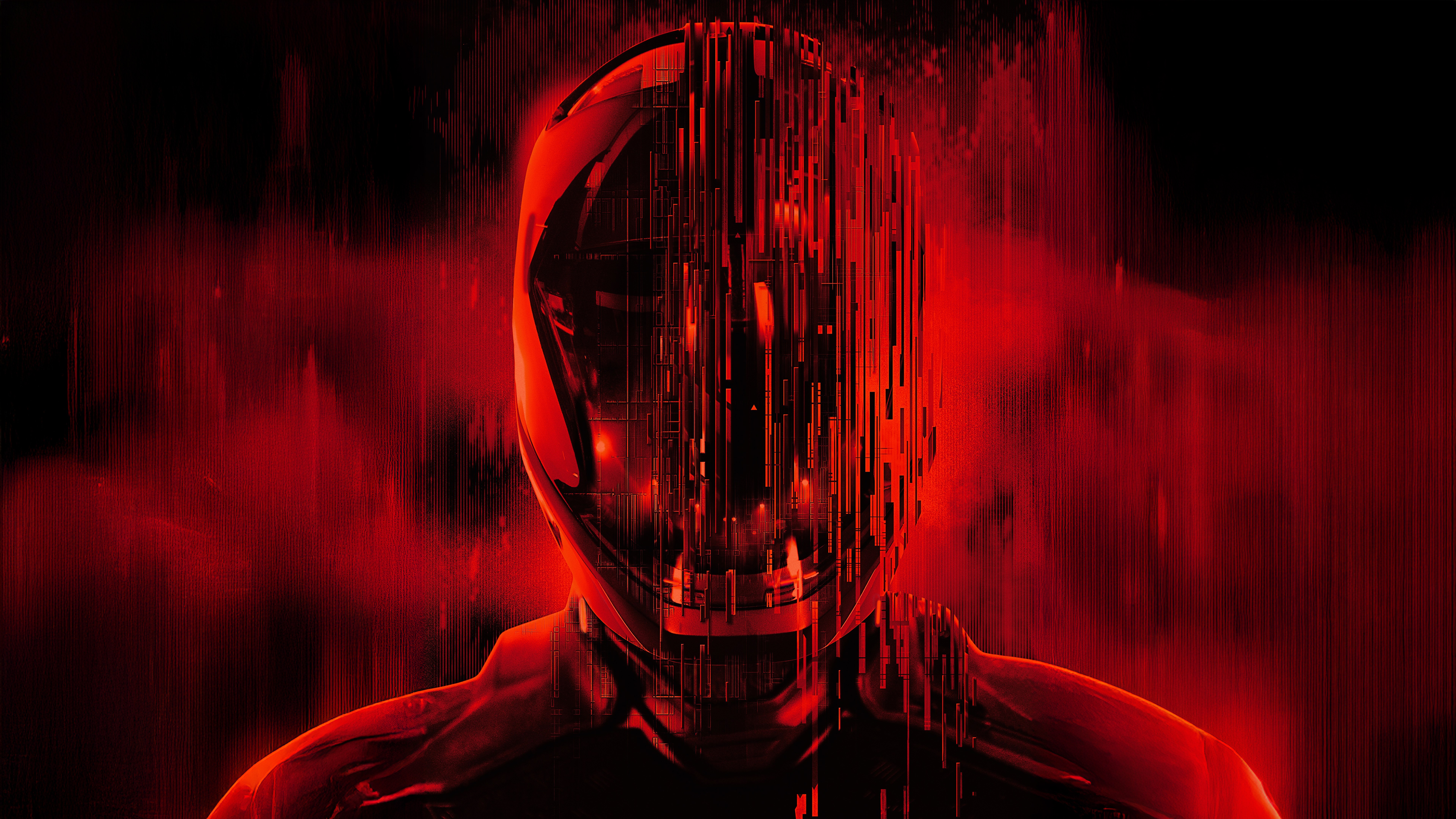 Tron: Ares, Glitch, Rojo, 5K, 8K, Películas de 2025, Fondo oscuro, Casco, Fragmentos