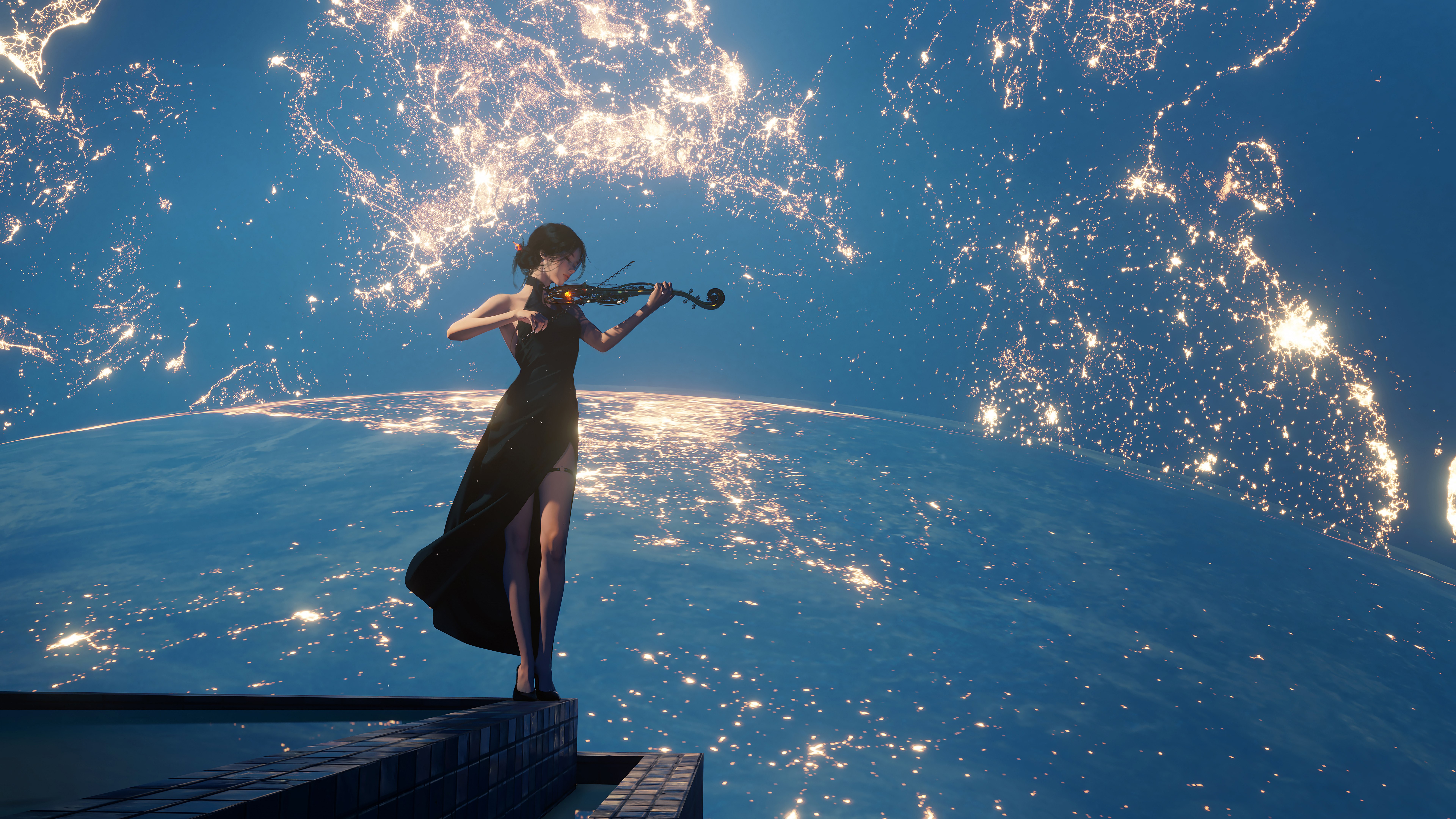 WLOP, Arte digital, Tocando el violín, Chica de fantasía, 5K, 8K, Surrealista, Planeta Tierra