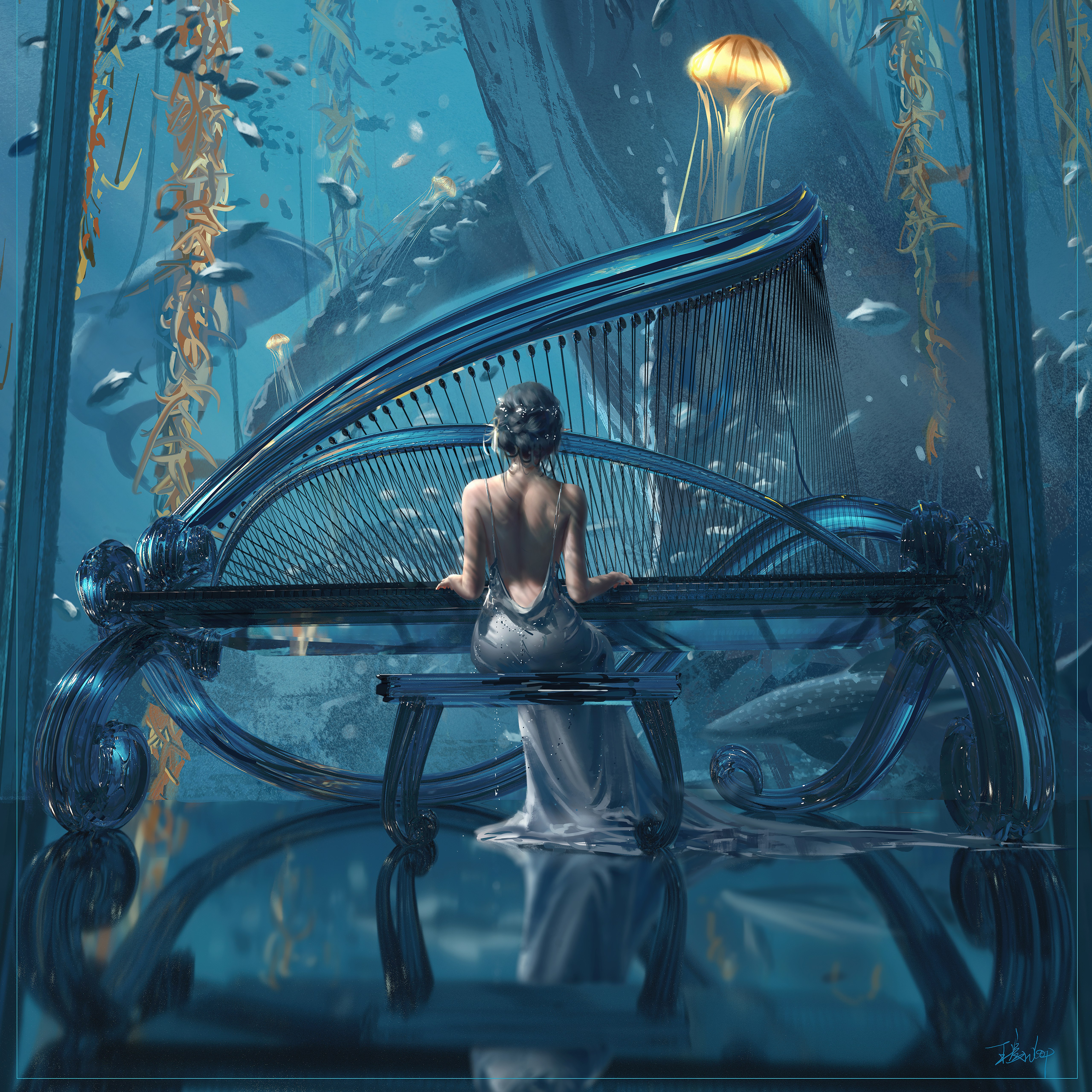 WLOP, Mujer hermosa, Tocando el piano, Ballena, Medusa, 5K