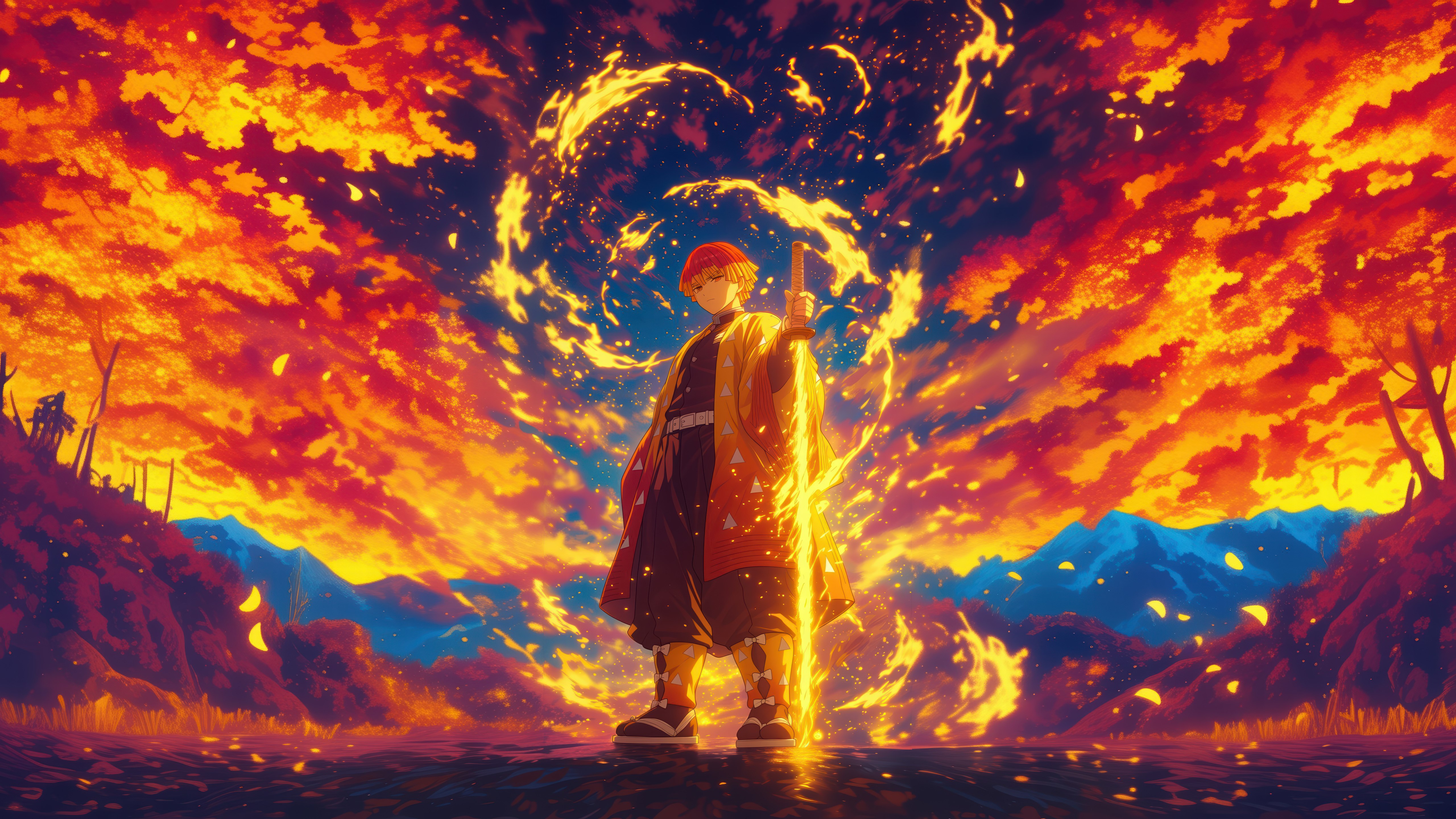 Zenitsu Agatsuma, Efecto de fuego, Arte con IA, Demon Slayer: Kimetsu no Yaiba, 5K