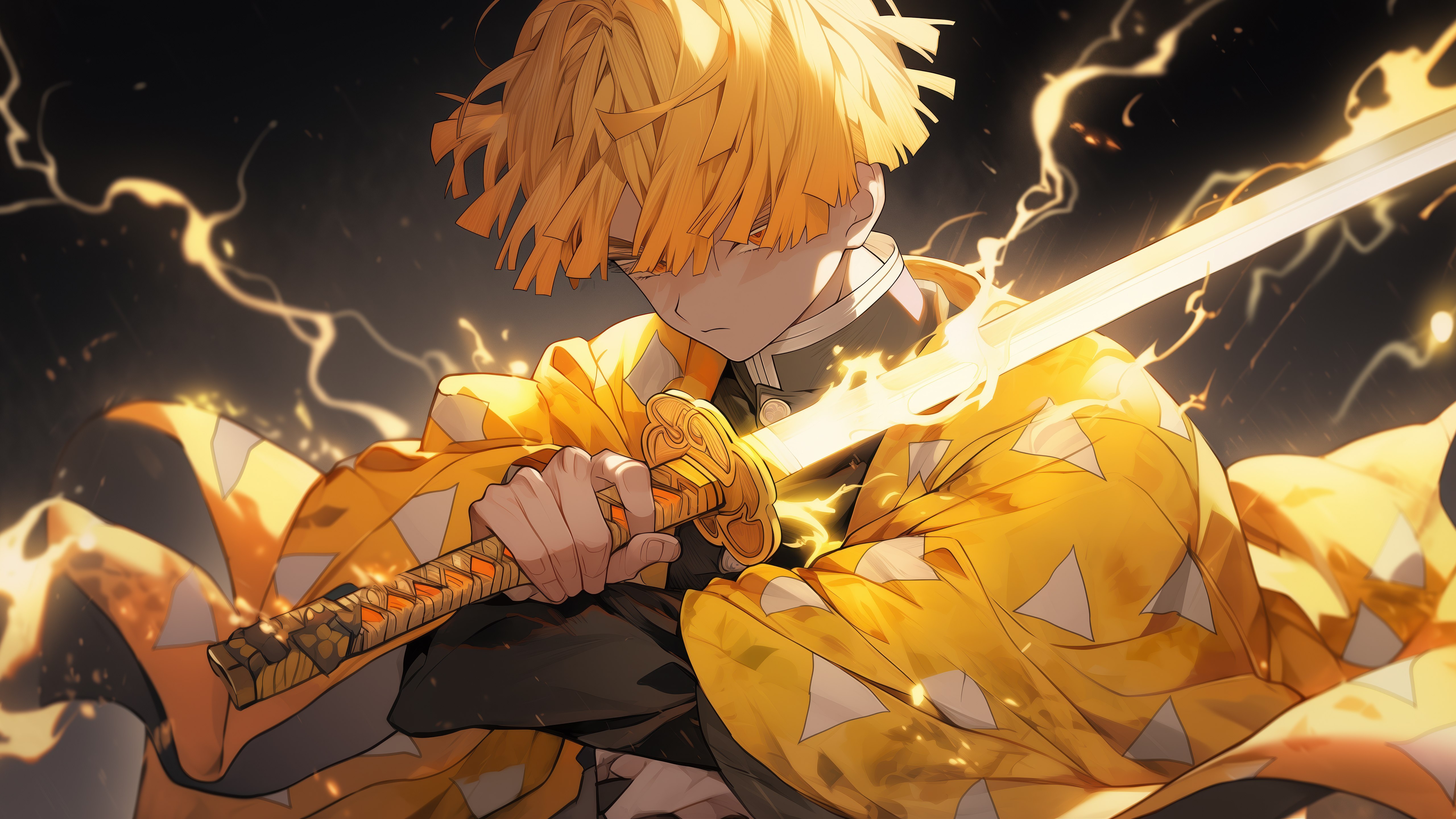 Zenitsu Agatsuma, Relámpago, Demon Slayer: Kimetsu no Yaiba, 5K, Arte con IA